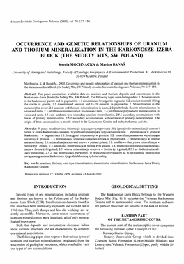 Occurrence and Genetic Relationships of Uranium and Thorium Mineralization in the Karkonqsze-Izera Block (The Sudety Mts, Sw Poland)