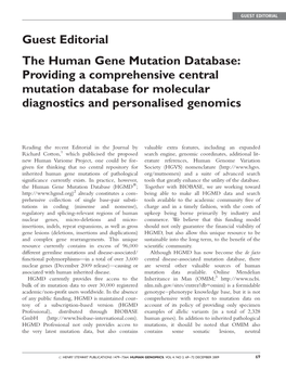 Guest Editorial the Human Gene Mutation Database: Providing a Comprehensive Central Mutation Database for Molecular Diagnostics and Personalised Genomics