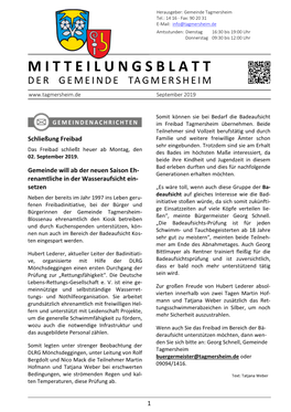 Mitteilungsblatt Der Gemeinde Tagmersheim Ausgabe 09/2019