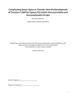 Complicating Queer Space in Toronto: How the Development of Toronto’S LGBTQ2I Spaces Fits Within Homonormative and Homonationalist Scripts