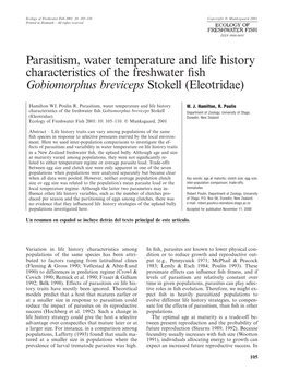 Parasitism, Water Temperature and Life History Characteristics of the Freshwater ﬁsh Gobiomorphus Breviceps Stokell (Eleotridae)