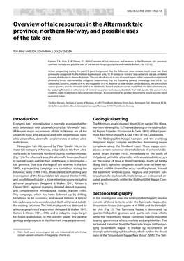 Overview of Talc Resources in the Altermark Talc Province, Northern Norway, and Possible Uses of the Talc Ore