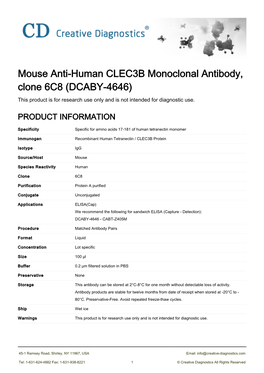 Mouse Anti-Human CLEC3B Monoclonal Antibody, Clone 6C8 (DCABY-4646) This Product Is for Research Use Only and Is Not Intended for Diagnostic Use
