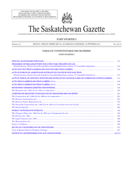 THE SASKATCHEWAN GAZETTE, February 20, 2015