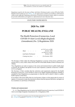 The Health Protection (Coronavirus, Local COVID-19 Alert Level) (High) (England) (Amendment) (No