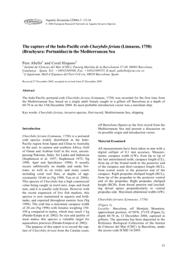 The Capture of the Indo-Pacific Crab Charybdis Feriata (Linnaeus, 1758) (Brachyura: Portunidae) in the Mediterranean Sea