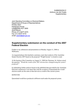 Supplementary Submission on the Conduct of the 2007 Federal Election