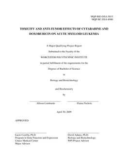 Toxicity and Anti-Tumor Effects of Cytarabine and Doxorubicin on Acute Myeloid Leukemia