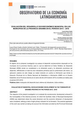 Evaluación Del Desarrollo Socioeconómico Municipal En Los Municipios De La Provincia Granma En El Período 2013 – 2018