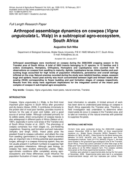 Arthropod Assemblage Dynamics on Cowpea (Vigna Unguiculata L. Walp) in a Subtropical Agro-Ecosystem, South Africa