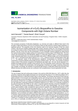 Isomerization of N-C5/C6 Bioparaffins to Gasoline Components with High Octane Number, Chemical Engineering Transactions, 76, 1357-1362 DOI:10.3303/CET1976227