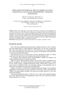 Population Dynamics of the Sycamore Lace Bug, Corythucha Ciliata (Say) (Heteroptera: Tingidae) in Hungary