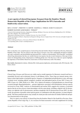 Zootaxa, a New Species of Clawed Frog (Genus Xenopus) from the Itombwe