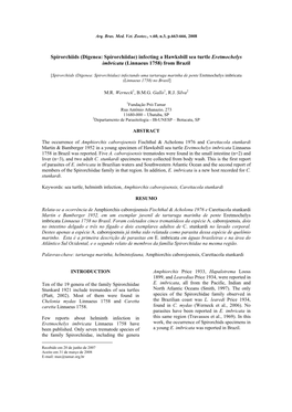 Spirorchiids (Digenea: Spirorchiidae) Infecting a Hawksbill Sea Turtle Eretmochelys Imbricata (Linnaeus 1758) from Brazil