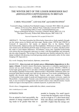 The Winter Diet of the Lesser Horseshoe Bat (Rhinolophus Hipposideros) in Britain and Ireland