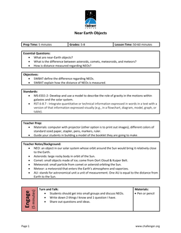 Near Earth Objects Engage (5 Minutes)