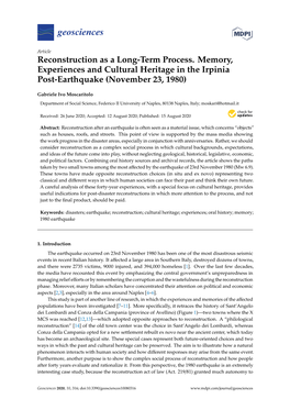 Reconstruction As a Long-Term Process. Memory, Experiences and Cultural Heritage in the Irpinia Post-Earthquake (November 23, 1980)