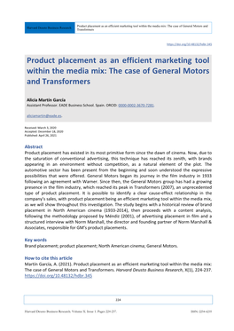 Product Placement As an Efficient Marketing Tool Within the Media Mix: the Case of General Motors and Harvard Deusto Business Research Transformers