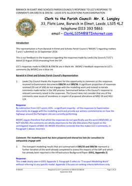 Clerk to the Parish Council: Mr. K. Langley 33, Flats Lane, Barwick in Elmet, Leeds, LS15 4LJ Telephone 0113 393 5861: Email – Clerkls154@Btinternet.Com