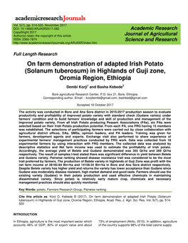 On Farm Demonstration of Adapted Irish Potato (Solanum Tuberosum) in Highlands of Guji Zone, Oromia Region, Ethiopia