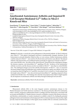 Ameliorated Autoimmune Arthritis and Impaired B Cell Receptor-Mediated Ca2+ Inﬂux in Nkx2-3 Knock-Out Mice