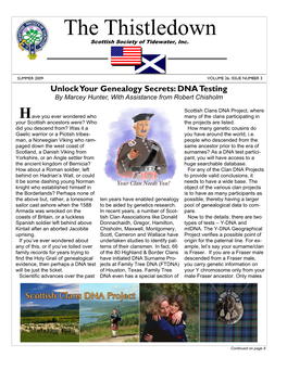 2009 VOLUME 26, ISSUE NUMBER 3 Unlock Your Genealogy Secrets: DNA Testing by Marcey Hunter, with Assistance from Robert Chisholm