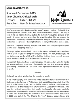 Sermon Archive 84 Sunday 6 December 2015 Knox Church