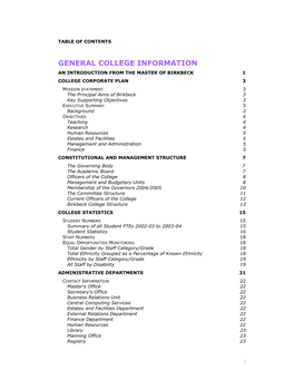 General College Information an Introduction from the Master of Birkbeck 1 College Corporate Plan 3