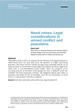Naval Mines: Legal Considerations in Armed Conflict and Peacetime