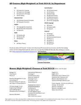 AP Courses (High-Weighted¹) at York 2019-20, by Department