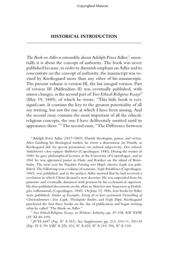 HISTORICAL INTRODUCTION the Book on Adler Is Ostensibly About Adolph Peter Adler;1 Essen Tially It Is About the Concept of Au