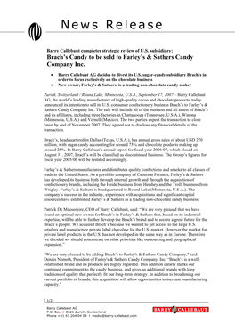 Brach's Candy to Be Sold to Farley's & Sathers Candy Company Inc