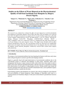 Studies on the Effects of Waste Disposal on the Physicochemical Quality of Soil from Farmlands Near Dumpsite In, Ihiagwa Owerri Nigeria