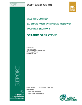 REPORT Project Number: 10-1117-0032 Phase 1000 Distribution: 1 E-Copy: Vale Inco Limited 1 E-Copy: Golder Associates Ltd