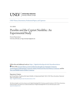 Picrolite and the Cypriot Neolithic: an Experimental Study Forrest Dayton Jarvi University of Nevada, Las Vegas, Forrestjarvi@Gmail.Com