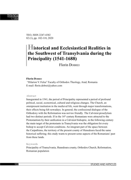 Historical and Ecclesiastical Realities in the Southwest of Transylvania During the Principality (1541-1688)