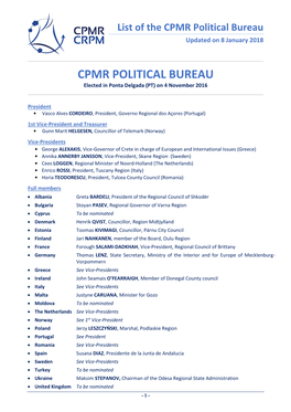 CPMR Political Bureau Updated on 8 January 2018