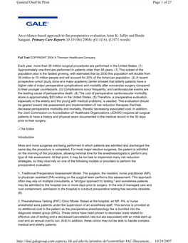 An Evidence-Based Approach to the Preoperative Evaluation.Amir K. Jaffer and Bindu Sangani. Primary Care Reports 10.10 (Oct 2004): P111(16)