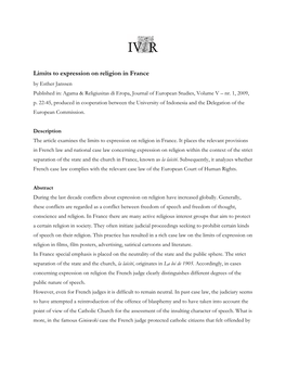 Limits to Expression on Religion in France by Esther Janssen Published In: Agama & Religiusitas Di Eropa, Journal of European Studies, Volume V – Nr