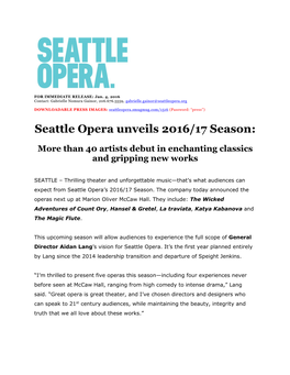 Seattle Opera Unveils 2016/17 Season