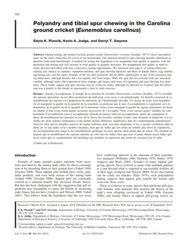 Polyandry and Tibial Spur Chewing in the Carolina Ground Cricket (Eunemobius Carolinus)