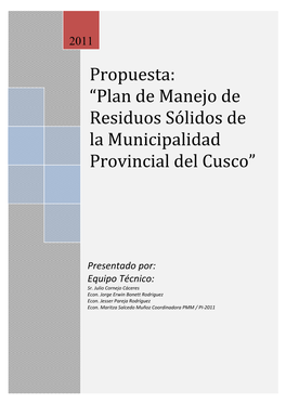 Plan De Manejo De Residuos Sólidos De La Municipalidad Provincial Del Cusco”