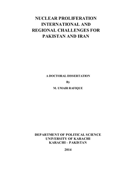 Nuclear Proliferation International and Regional Challenges for Pakistan and Iran