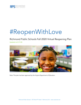 Reopenwithlove Richmond Public Schools Fall 2020 Virtual Reopening Plan Updated on 8.17.20
