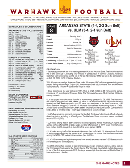 ARKANSAS STATE (4-4, 2-2 Sun Belt) Vs. ULM (3-4, 2-1 Sun Belt) Aug