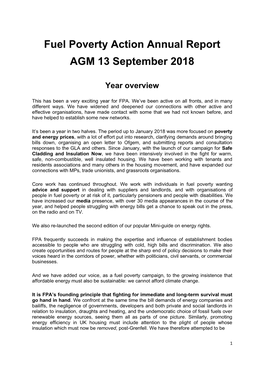 Fuel Poverty Action Annual Report AGM 13 September 2018