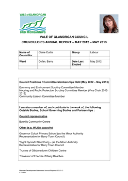 Vale of Glamorgan Council Councillor's Annual Report – May 2012 – May 2013