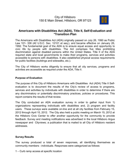 City of Hillsboro 150 E Main Street, Hillsboro, OR 97123 Americans with Disabilities Act (ADA), Title II, Self-Evaluation and *T