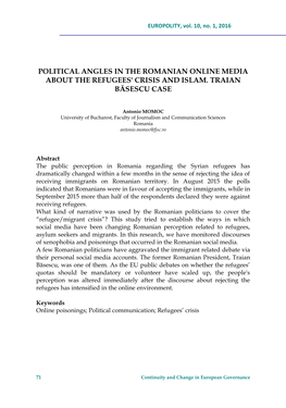 Political Angles in the Romanian Online Media About the Refugees' Crisis and Islam