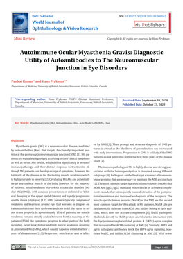 Autoimmune Ocular Myasthenia Gravis: Diagnostic Utility of Autoantibodies to the Neuromuscular Junction in Eye Disorders